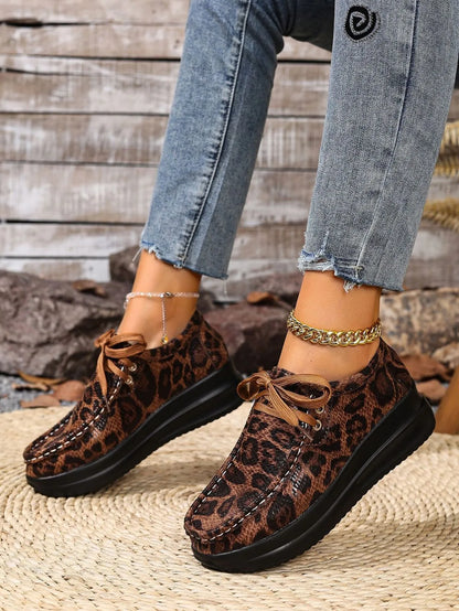 Leopard Round Toe Platform Loafers Brown Leopard Print