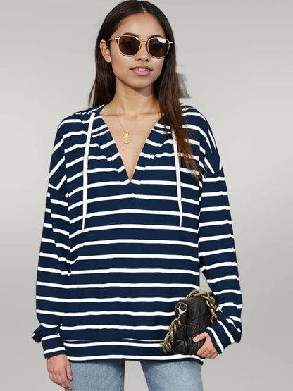Drawstring Striped Long Sleeve Hoodie