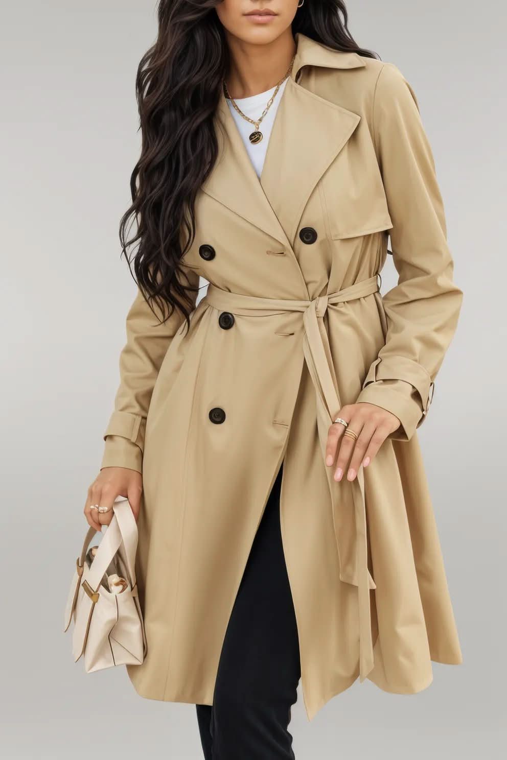 Pale Khaki Solid Color Lapel Collar Waist Tie Wind Coat Pale Khaki 100%Polyester