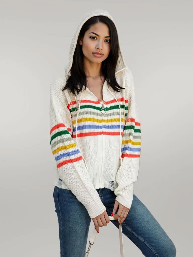 Drawstring Striped Dropped Shoulder Hooded Cardigan