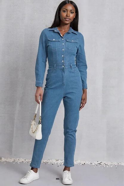 Snap Down Denim Jumpsuit with Pockets