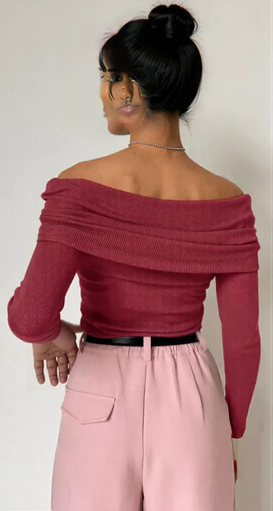 Off-Shoulder Long Sleeve Knit Top