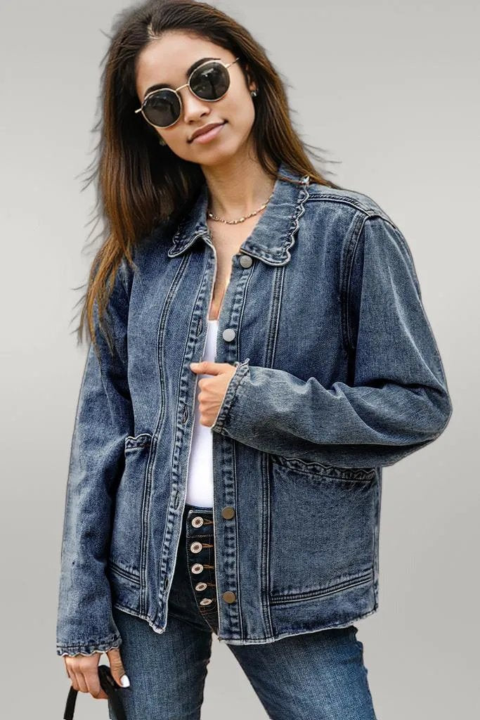 Sail Blue Scallop Trim Collar Patched Pocket Button Up Denim Jacket Sail Blue 75%Cotton+25%Polyester