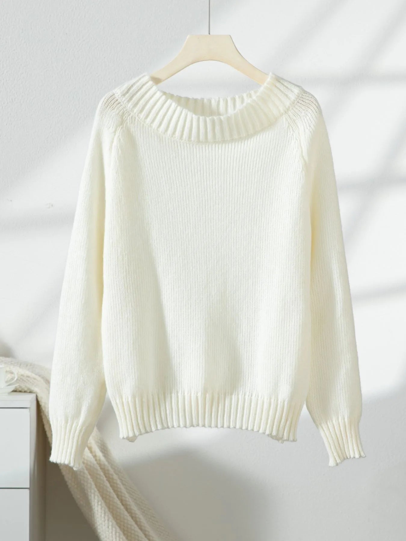 Ribbed Knit Boat Neck Sweater White