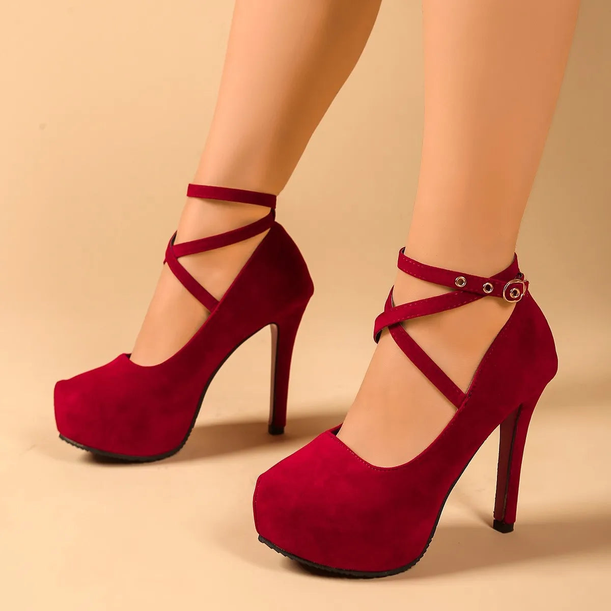 Ankle Strap High Heel Pumps Red