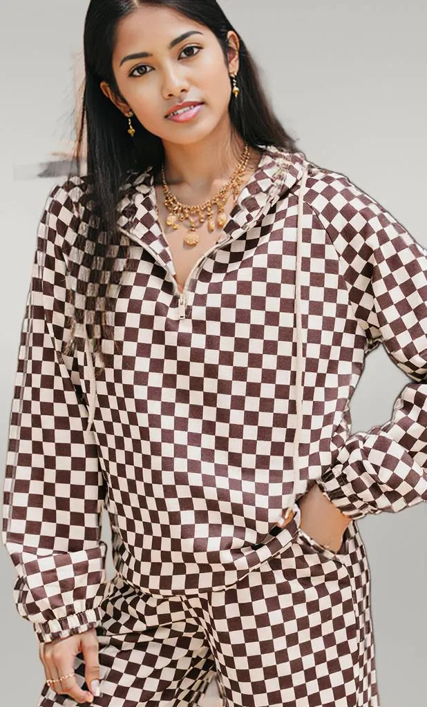 Checkered Drawstring Hoodie and Pants Set Plaid