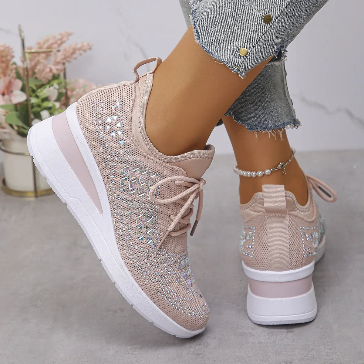 Breathable Mesh Rhinestone Wedge Athletic Sneakers Pink
