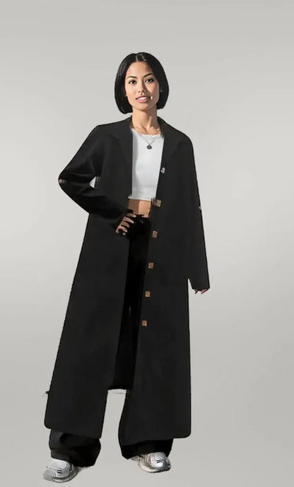 Lapel Collar Button-Front Longline Coat Black