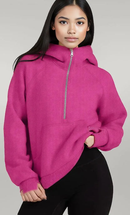 Half-Zip Hoodie with Kangaroo Pocket Rose Red