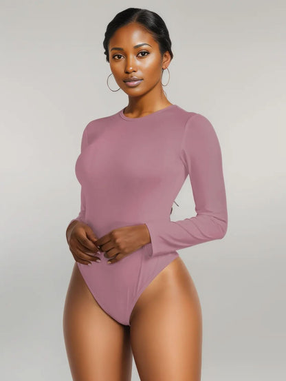 Round Neck Long Sleeve Bodysuit Dusty Pink