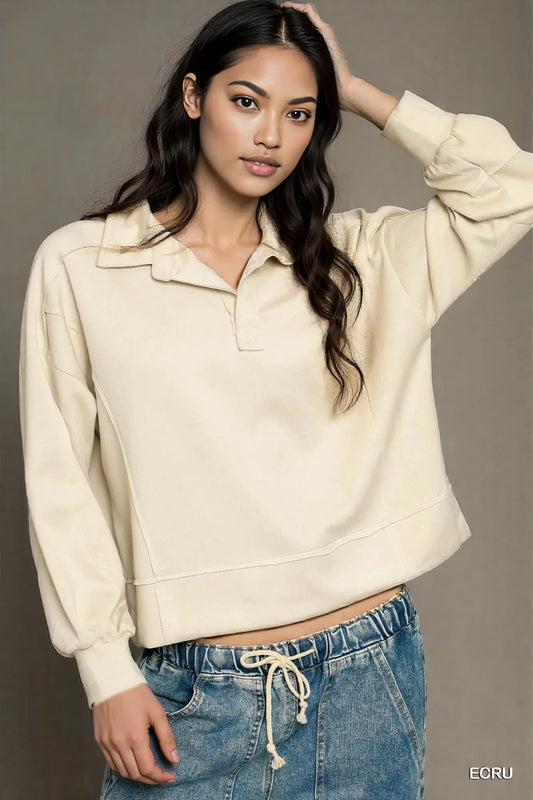 Umgee Collared Neck Long Sleeve Top with Raw Hem Detail ECRU
