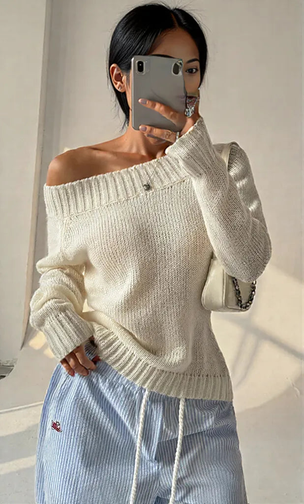 Ribbed Knit Boat Neck Sweater White