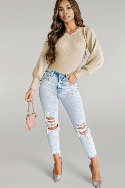 Apricot Ribbed Balloon Sleeve Bodysuit