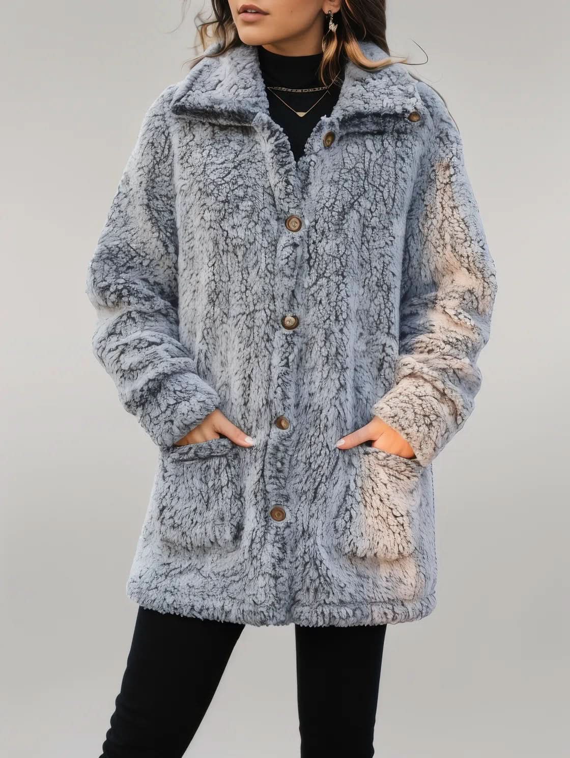 Pocketed Collared Neck Long Sleeve Plush Jacket