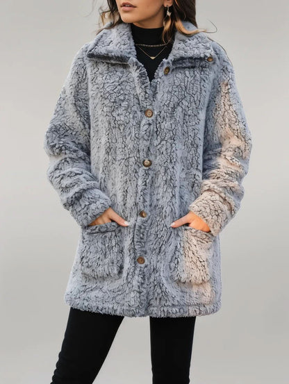 Pocketed Collared Neck Long Sleeve Plush Jacket