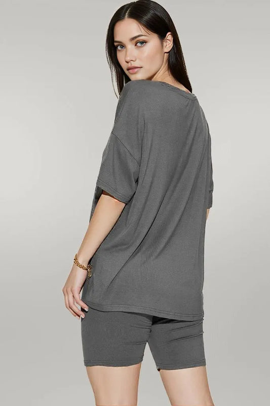 Basic Bae Full Size V-Neck Drop Shoulder T-Shirt and Shorts Set