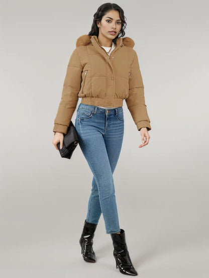 Pocketed Long Sleeve Cropped Hooded Winter Coat