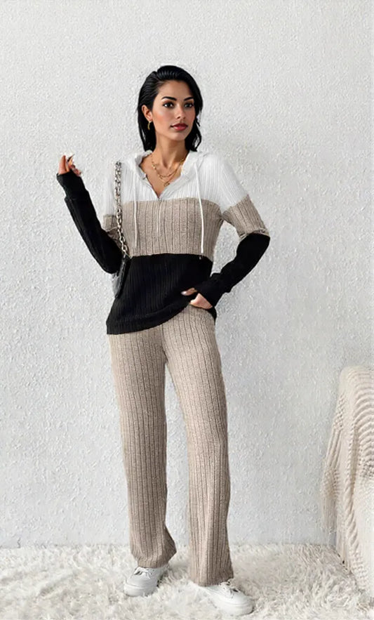 Color Block Half Zip Hooded Top and Pants Set Apricot