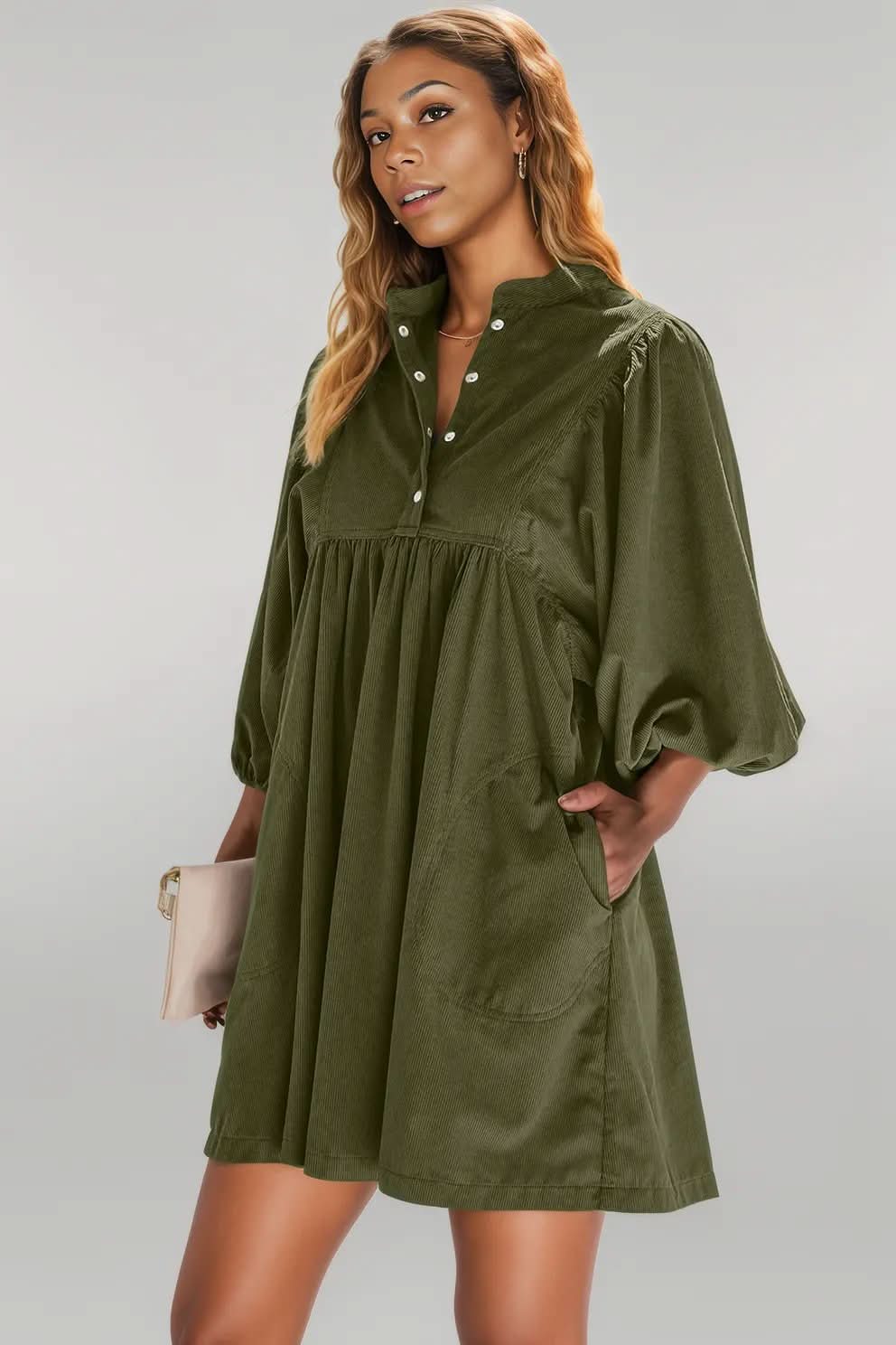Vineyard Green Corduroy Snap Buttons Empire Waist Bracelet Sleeve Dress