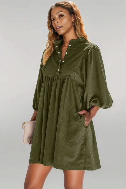 Vineyard Green Corduroy Snap Buttons Empire Waist Bracelet Sleeve Dress