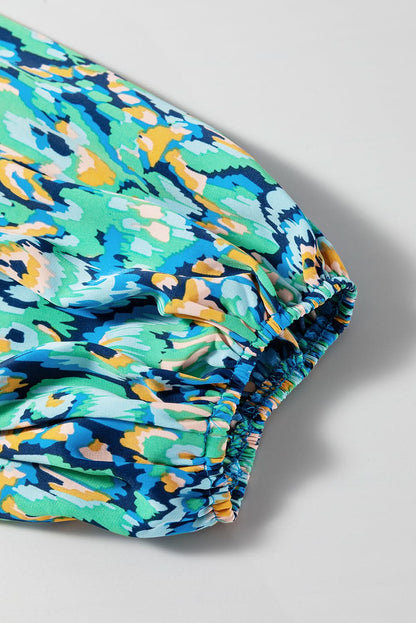 Pink Abstract Print Puff Sleeve V Neck High Waist Romper Green 100%Polyester