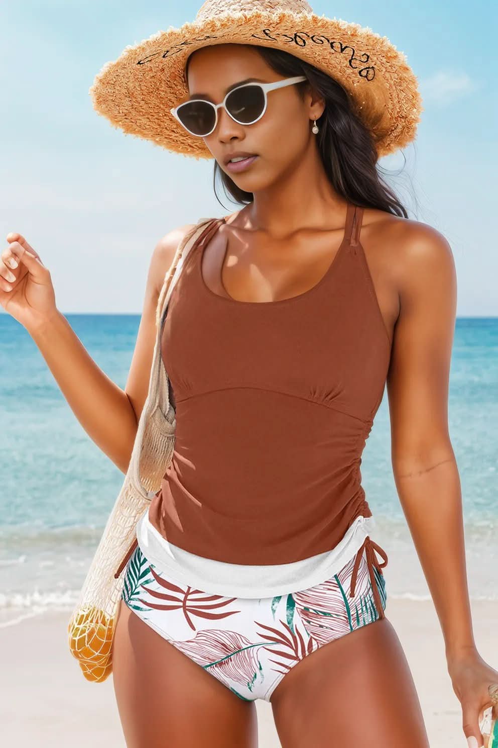 Mineral Red Drawstring Tummy Control Mix-and-match 2pcs Tankini Swimsuit Mineral Red 82%Polyamide+18%Elastane