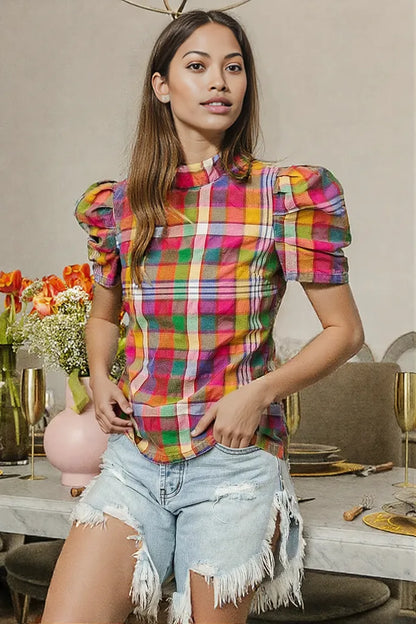 BiBi Short Puff Sleeve Washed Vintage Plaid Top