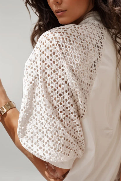 White Pointelle Lace Half Sleeve Crew Neck Tee White 95%Cotton+5%Elastane