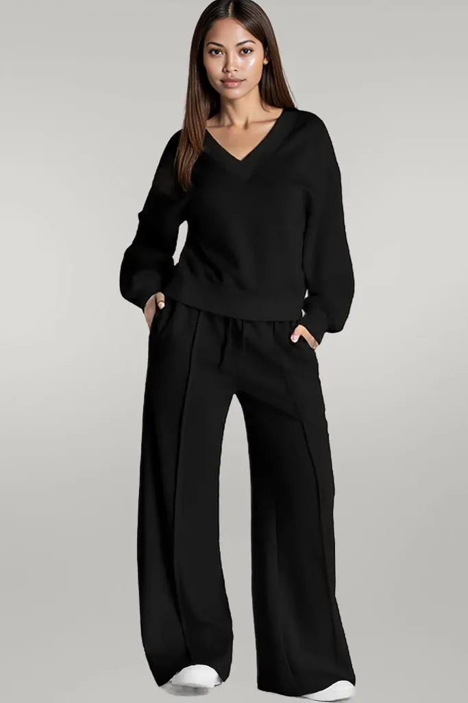 V-Neck Long Sleeve Top and Pants Active Set