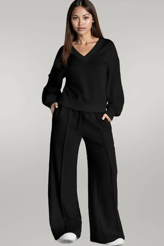 V-Neck Long Sleeve Top and Pants Active Set