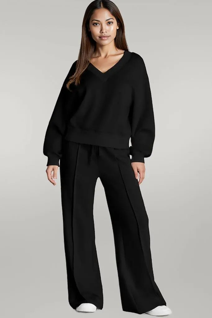 V-Neck Long Sleeve Top and Pants Active Set