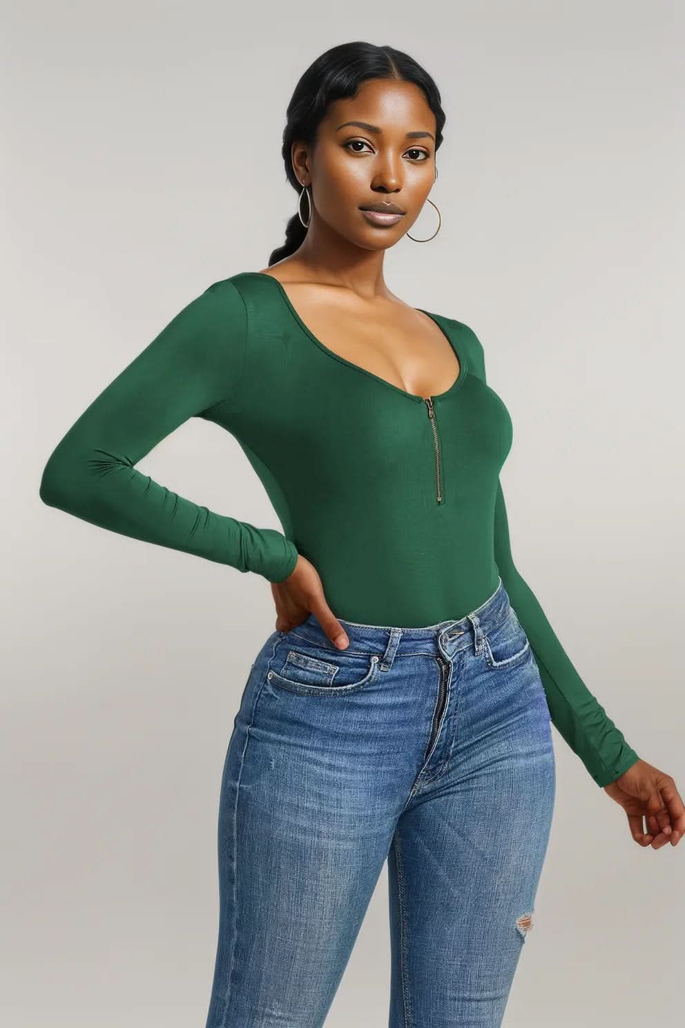 Half Zip Scoop Neck Long Sleeve Bodysuit