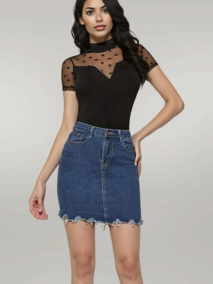 Mesh Polka Dot Mock Neck Top