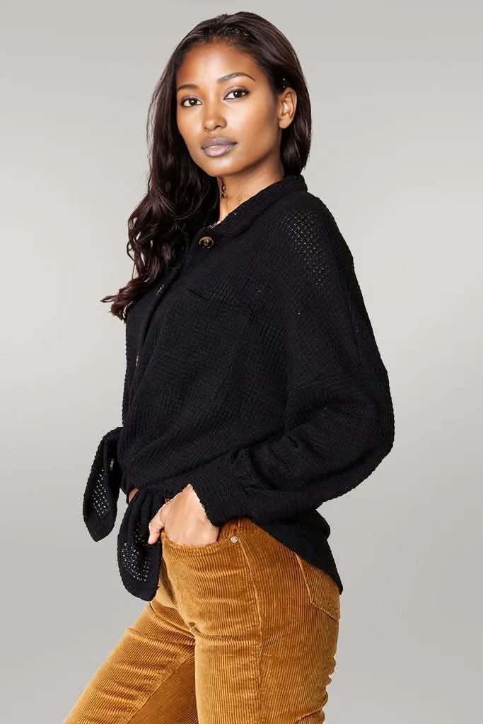 Double Take Waffle-Knit Collared Neck Dropped Shoulder Shirt