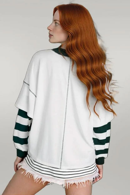 White Stripe Colorblock Sleeve Exposed Seam -2-Piece Sweatshirt