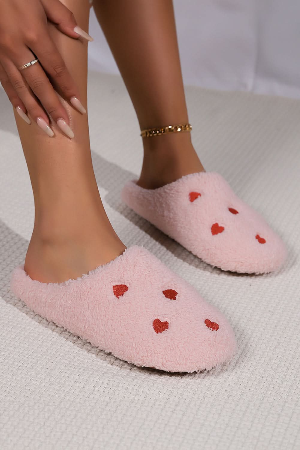 Pink Heart Shape Embroidered Slip On Plush Slippers Pink