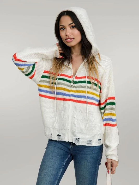 Drawstring Striped Dropped Shoulder Hooded Cardigan