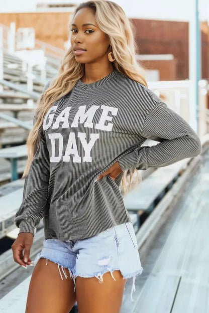GAME DAY Striped Round Neck Long Sleeve Top Gray