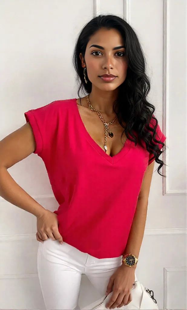 V-Neck Short Sleeve T-Shirt Red