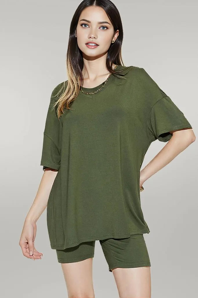 Basic Bae Full Size V-Neck Drop Shoulder T-Shirt and Shorts Set Matcha Green