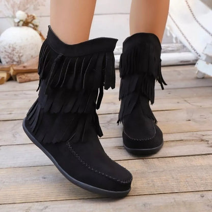 Fringe Round Toe Boots Black
