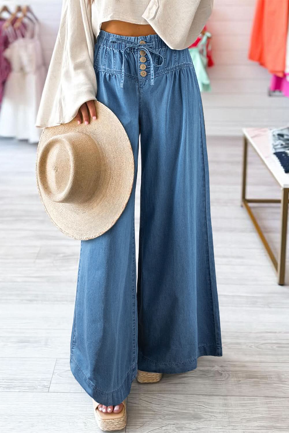 Blue Mineral Wash Button Fly Waist Wide Leg Jeans Dusk Blue 100%Cotton