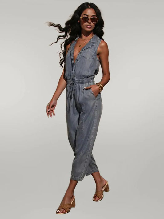 Sleeveless Drawstring Waist Washed Denim Jumpsuit