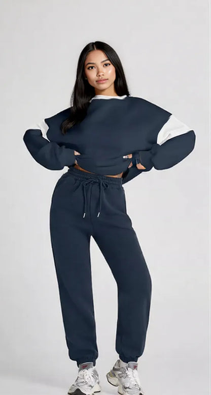 Drop Shoulder Loose Sweatshirt and Joggers Active Set Navy