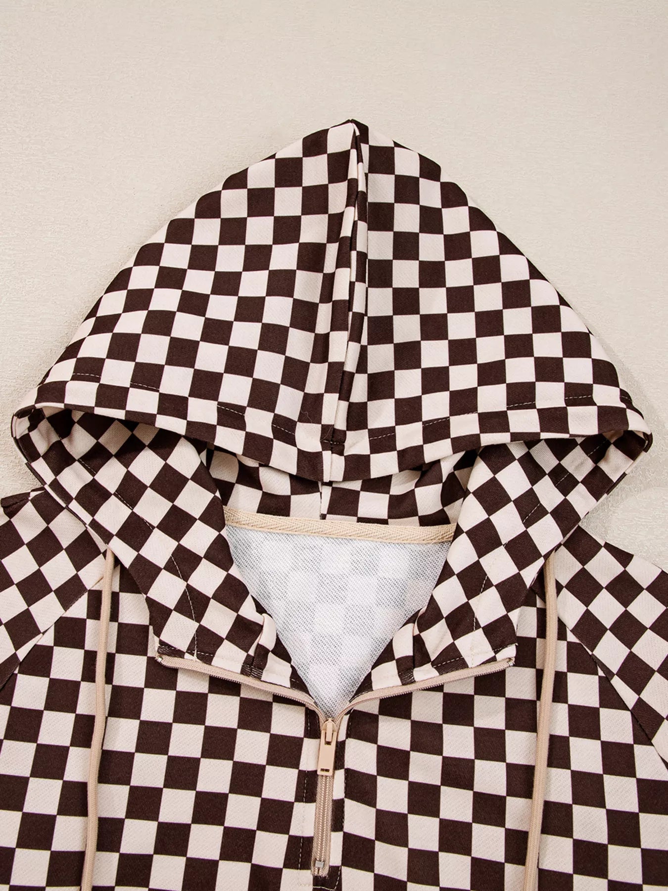Checkered Drawstring Hoodie and Pants Set Plaid