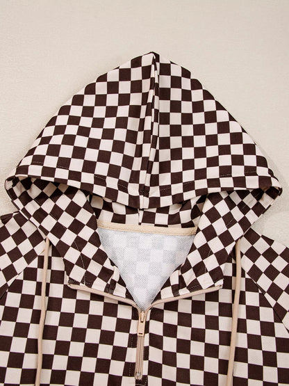 Checkered Drawstring Hoodie and Pants Set Plaid