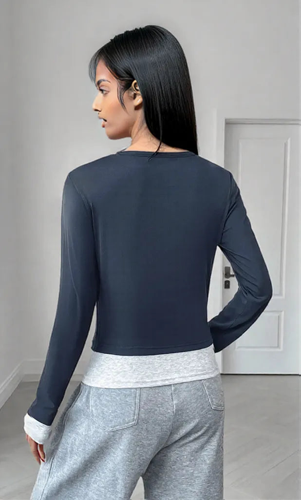 Long Sleeve Button Front Fitted T-Shirt Dark Blue