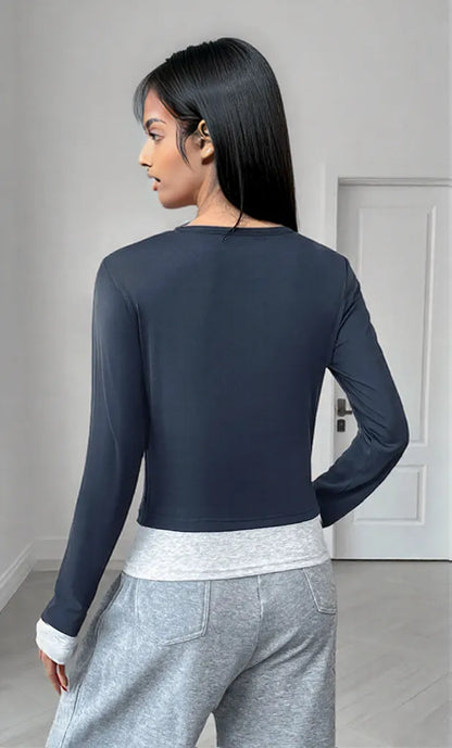 Long Sleeve Button Front Fitted T-Shirt Dark Blue
