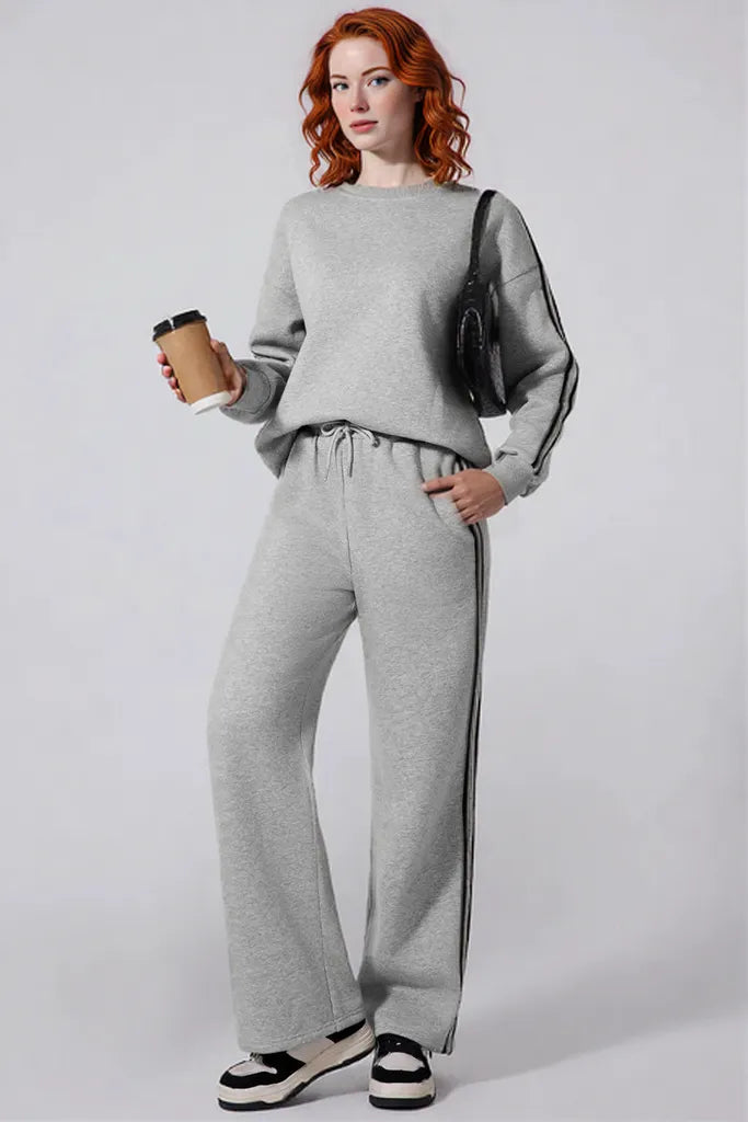 Side Striped Round Neck Top and Pants Active Set