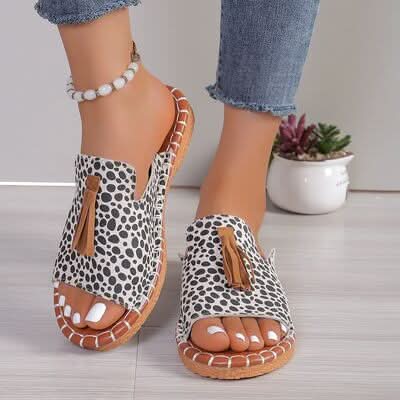 Fringe Leopard Open Toe Sandals Ivory